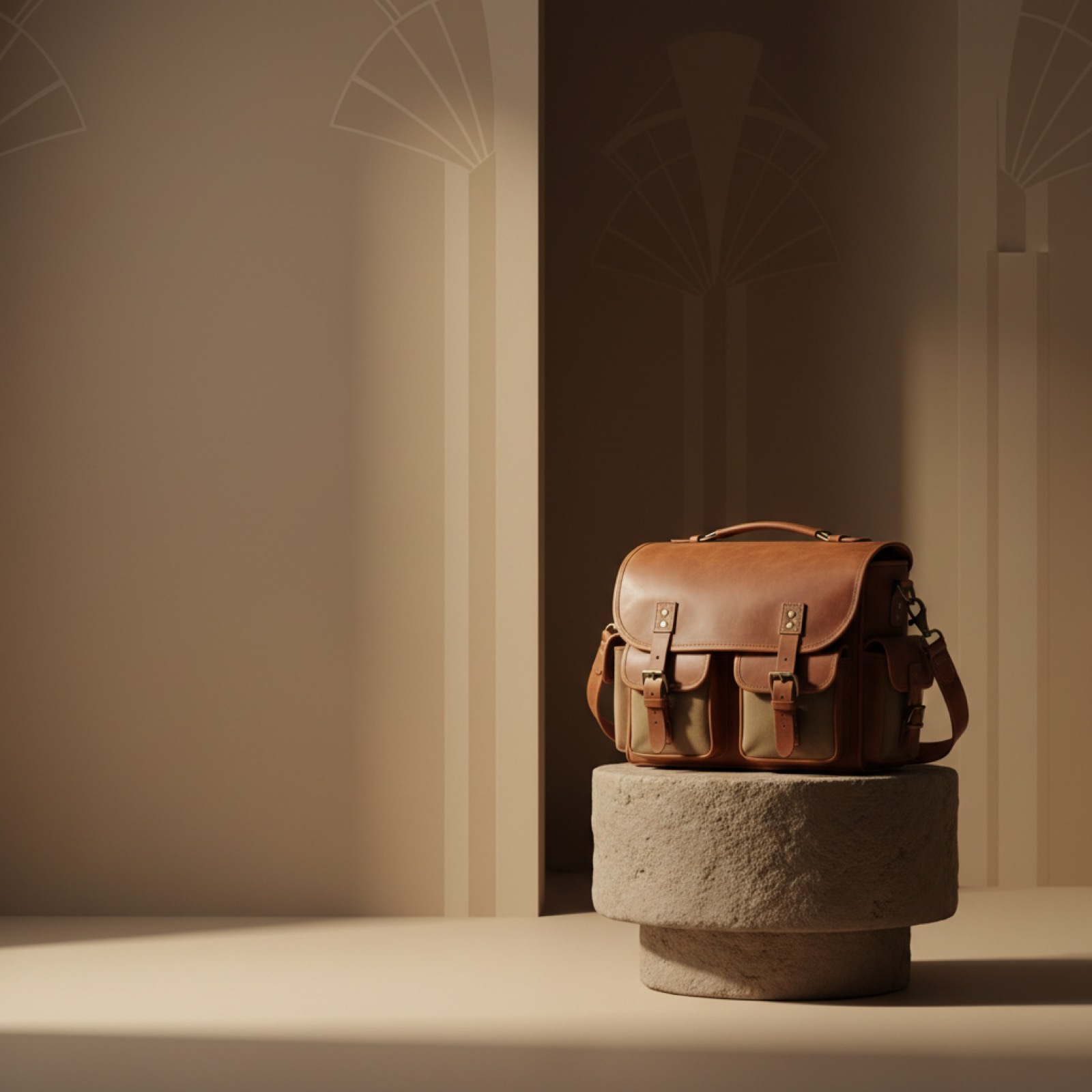 Sac en cuir cognac Strapridge sur socle